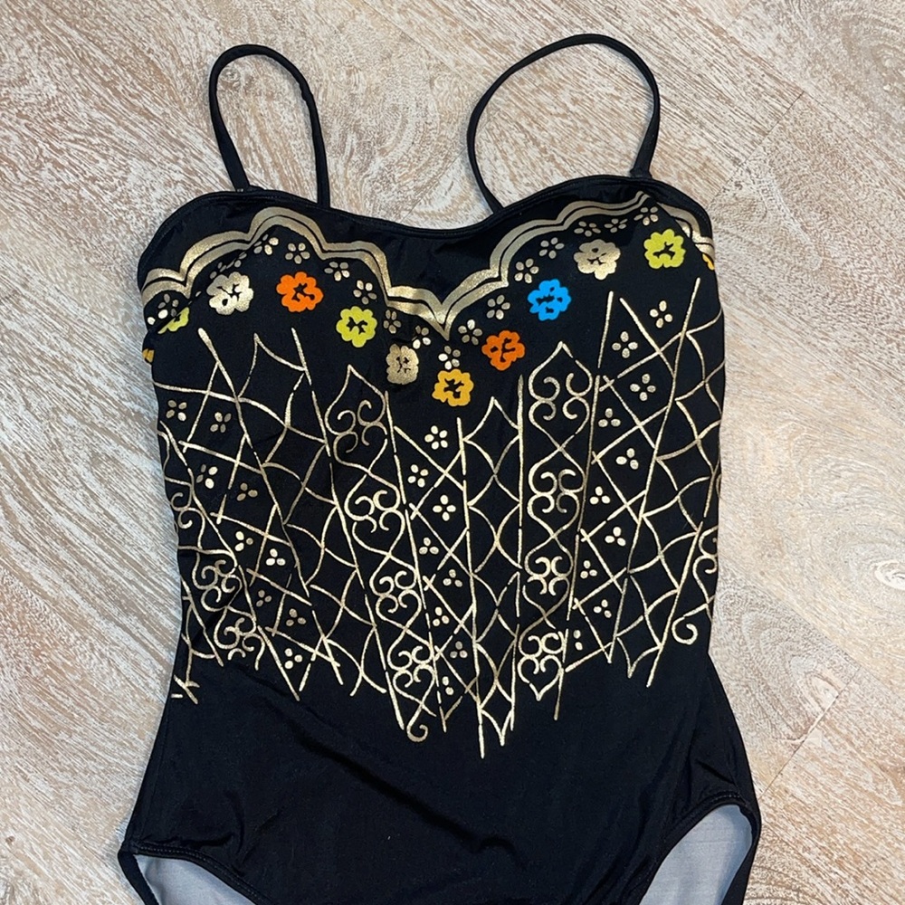 Sun Streak Vintage One Piece Swimsuit Black Gold Flowers size 10